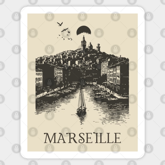 Marseille Vintage Woodcut | Retro South of France Harbor View Sticker by TuncGK